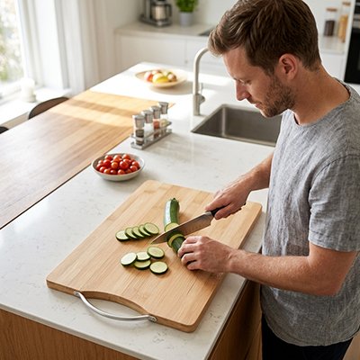 Planche à découper robuste permettant de découper un concombre avec un couteau sur un plan de travail blanc.