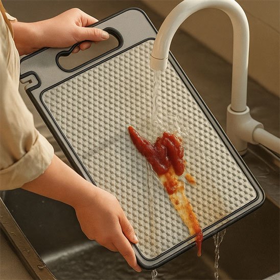 Planche a decouper se faisant nettoyer aisément avec de l'eau coulante du robinet 