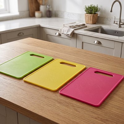 Planches à découper en plastique coloré posées sur un plan de travail.