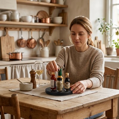 Plateau tournant are couleur noir entrain d’être rangé sur une table de cuisine
