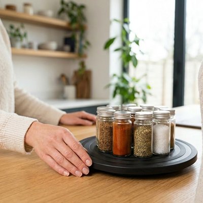 Plateau tournant bien rangé contenant des produits épiciers