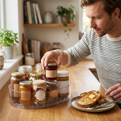 Plateau tournant de cuisine contenant plusieurs bouteilles de boissons sur un plan de travail.