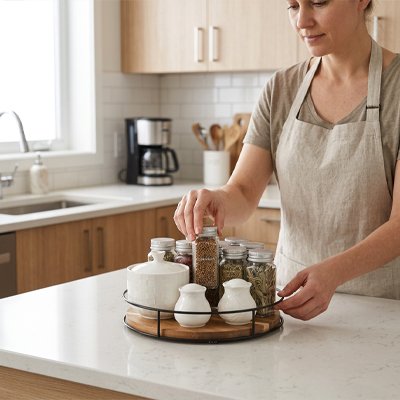 Plateau tournant de cuisine utilisé pour organiser des pots d’épices en verre.