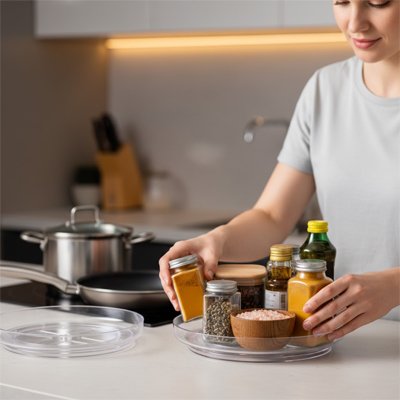 Plateau tournant de rangement facilitant l’accès aux bocaux et bouteilles.