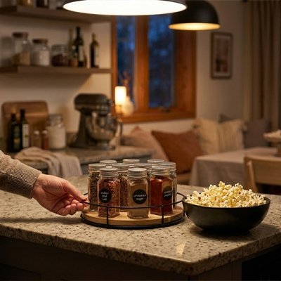 Plateau tournant de rangement permettant d’organiser épices et condiments sur un plan de travail.​ 
