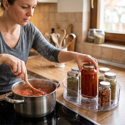 Plateau tournant de rangement utilisé pour disposer des bouteilles dans une cuisine.
