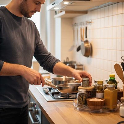 Plateau tournant en cuisine permettant d’organiser divers ingrédients sur le plan de travail.