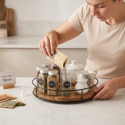 Plateau tournant en cuisine servant à ranger pots d’épices et contenants en céramique