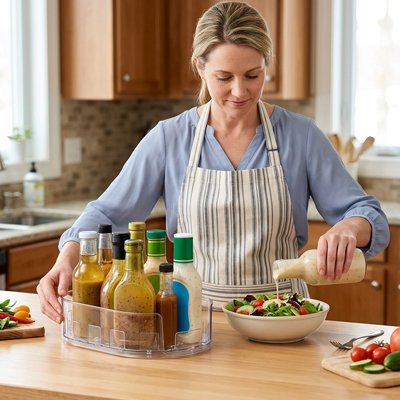 Plateau tournant pratique pour organiser jus, sauces et bouteilles sur un comptoir.
