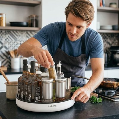 Plateau tournant pratique pour ranger condiments et bouteilles, idéal pour une cuisine ordonnée