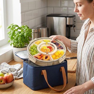 Plateau-tournant rempli de fruits frais placé dans un sac-repas isotherme
