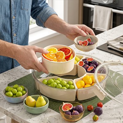 Plateau-tournant rempli de fruits frais variés sur un comptoir de cuisine