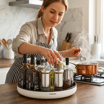 Plateau tournant rotatif pour organiser huiles, épices et condiments dans la cuisine.