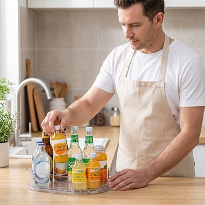 Plateau tournant transparent utilisé pour organiser des bouteilles sur un comptoir de cuisine.