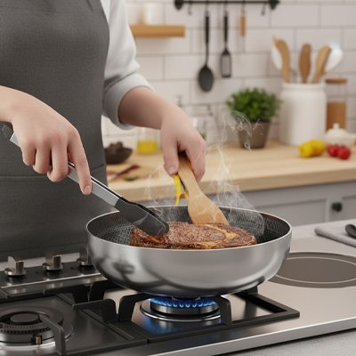 Poele inox utilisée pour saisir un steak sur un réchaud à gaz, avec vapeur et ustensiles de cuisine.