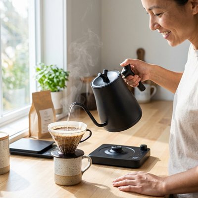 Préparation de café filtre avec bouilloire  a temperature rechargeable col de cygne noire élégante.