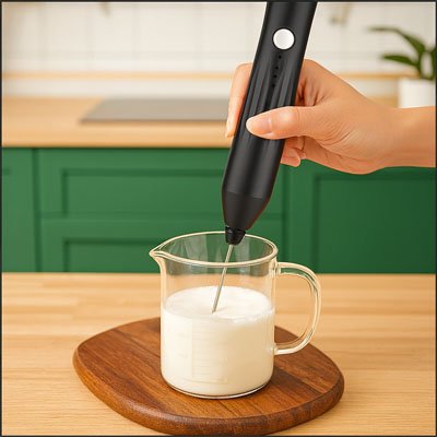 Préparation de mousse de lait avec mousseur électrique dans un pichet gradué.