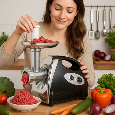 Préparation de viande fraîche avec un hachoir à viande électrique dans une cuisine.