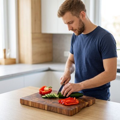 Préparation d’une salade fraîche sur une planche a découper en bois avec laitue