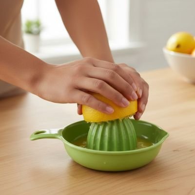 Presse agrume de cuisine permettant d’extraire le jus d’un citron sur un comptoir.