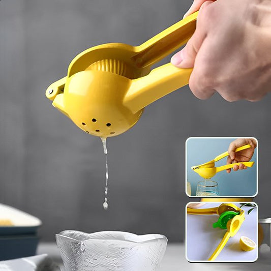 Presse agrume manuel de couleur jaune laissant couler du jus