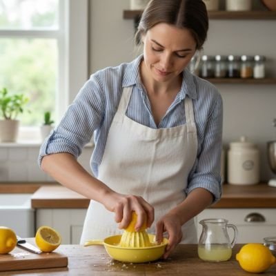 Presse agrume manuel en action pour obtenir du jus de citron dans une cuisine moderne.