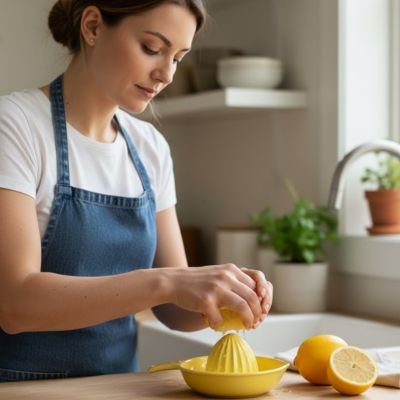 Presse agrume manuel jaune utilisé pour extraire du jus de citron frais en cuisine.
