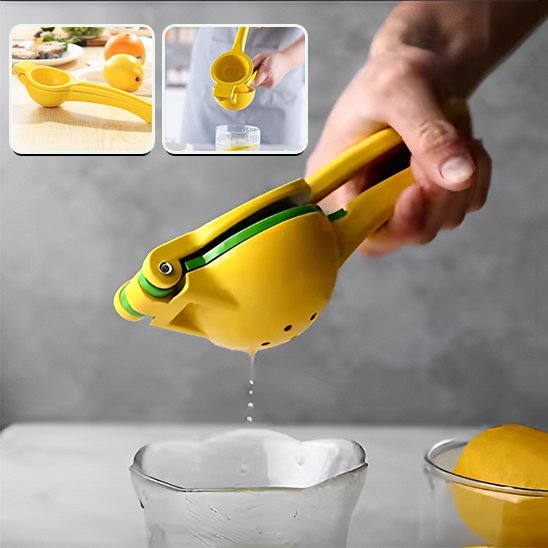 Presse agrume manuel pressant du jus d'orange dans un verre