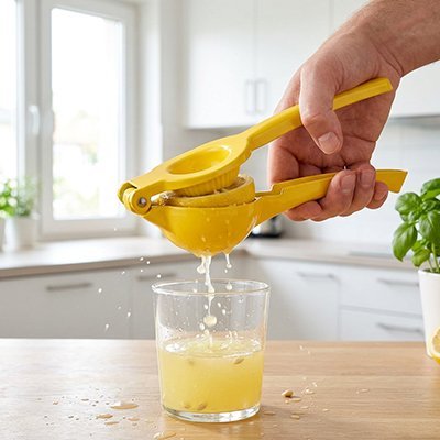 Presse agrume pratique pour extraire le jus de citron au‑dessus d’une tasse en verre