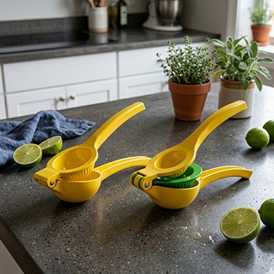 Presse agrume pratique pour extraire le jus de citrons sur un plan de travail.