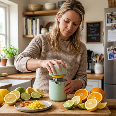 Presse agrumes manuel utilisé pour extraire le jus d’un citron sur un plan de travail