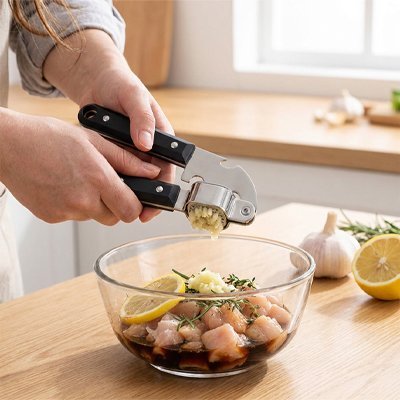 Presse ail écrasant ail frais directement au‑dessus d’une marinade de poulet.