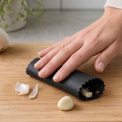 Presse ail en acier inoxydable présenté avec un épluche ail et une brosse de nettoyage.