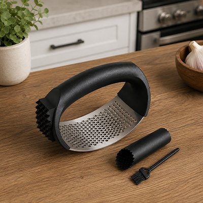 Presse ail en inox avec poignée noire posé sur un comptoir de cuisine