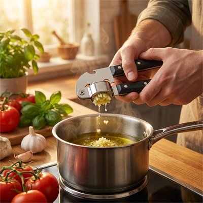 Presse ail manuel en action écrasant ail dans une cocotte contenant de l'eau