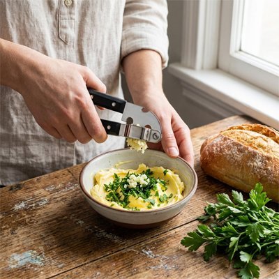 Presse ail utilisé pour écraser gousses d’ail dans un bol cuisine.