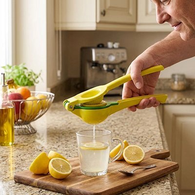 Presse‑agrume ergonomique pour presser un citron coupé sur un mug en verre.