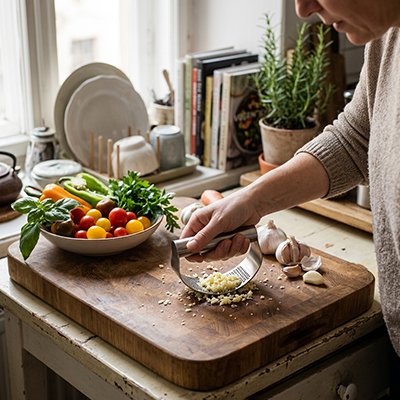 Presse‑ail en acier utilisé pour écraser des gousses d’ail près de légumes frais.