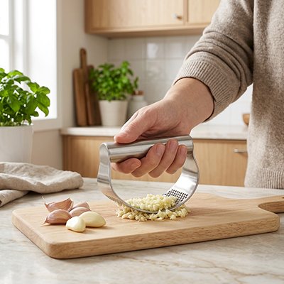 Presse‑ail en inox utilisé pour hacher de l’ail sur une planche en bois.