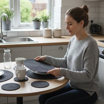 Set de table antidérapant violet pour accueillir une assiette dans un décor de petit‑déjeuner.