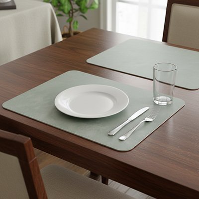 Set de table de couleur beige utilisé pour un repas minimaliste.