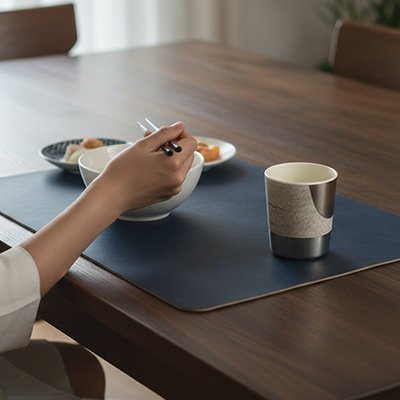 Set de table élégant sous une tasse en céramique et une assiette.