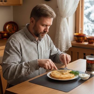 Set de table en vinyle placé sous une assiette de crêpes au petit‑déjeuner.