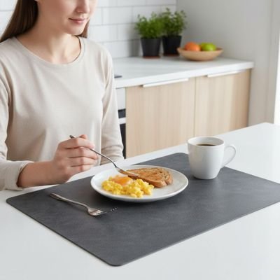 Set de table en vinyle protégeant la table pendant un repas du matin.