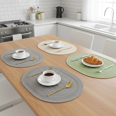 Set de table ovale utilisé pour servir une tasse de café.