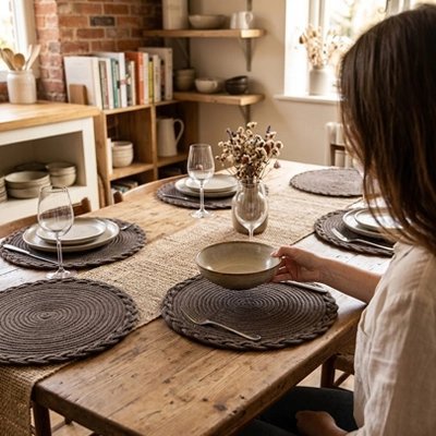 Set de table rond en fibres naturelles supportant un service de table.