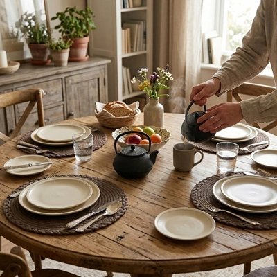 Set de table rond en osier disposé pour un repas convivial.