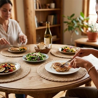 Set de table rond placé sous des plat comme protection lors de la prise des repas