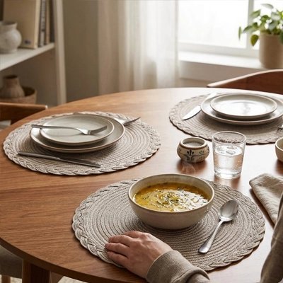 Set de table rond utilisé pour poser une assiette et un bol.