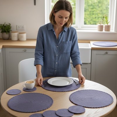 Set de table rond violet pour dresser une table harmonieuse avec tasse assortie.
